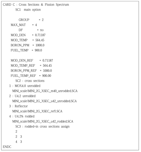 나-10. COREDAX-2의 SCALE 핵단면적 입력문 예시