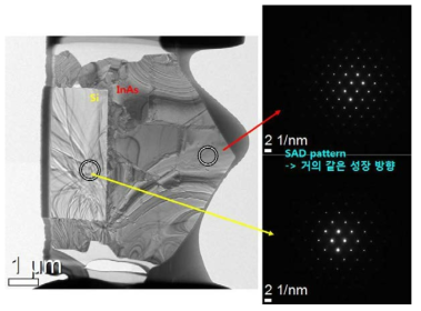 100기판상에 패턴된 Si기판상에 성장된 InAs의 TEM결과 defect들이 주변으로 빠져나가면서 고품질의 InAs 성장 확인됨.