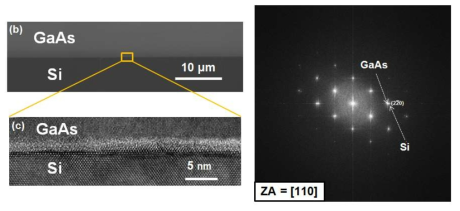 본딩된 GaAs와 Si의 본딩 단면 SEM 및 TEM이미지, diffraction이미지