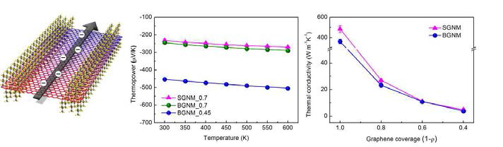 (a) 계산을 통해 열전 특성을 예측하는 예상도 (b) 온도에 따른 그래핀 나노메쉬의 열전계수의 변화 계산 결과 (c) 그래핀 나노 메쉬의 커버리지에 따른 열전도도 변화의 예측 값