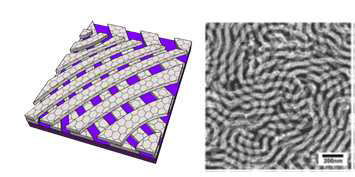 실린더 형태의 블록공중합체 자기조립구조를 이용한 그래핀 나노리본 이중층의 교차접합 네트워크 구조에 대한 모식도 및 SEM image