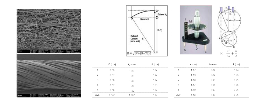 제조된 CNT yarn의 전자현미경 사진과 p-doped CNT yarn의 곡률반경 측정 결 과