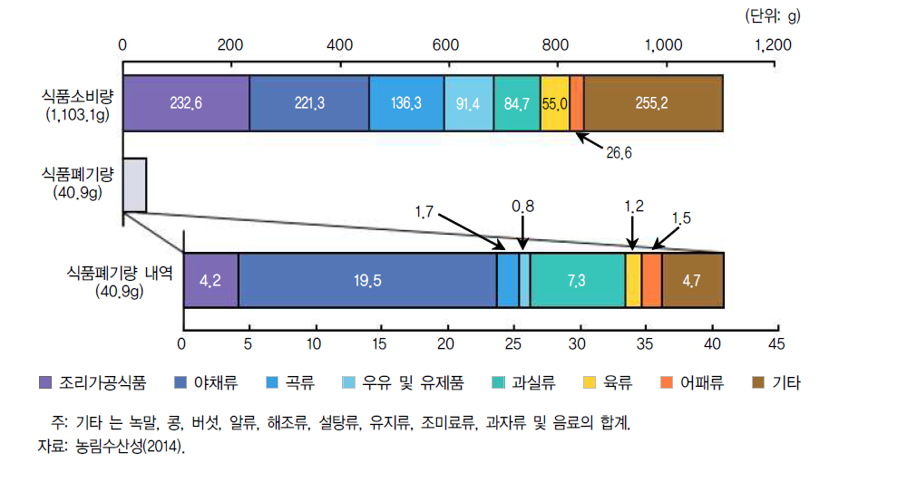 주요 식품별 식품소비량 및 식품 폐기량 (하루 1인 기준)