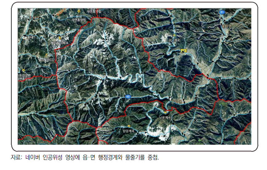 강(强) 공간연계 특성 산촌의 예: 강원도 평창군 방림면