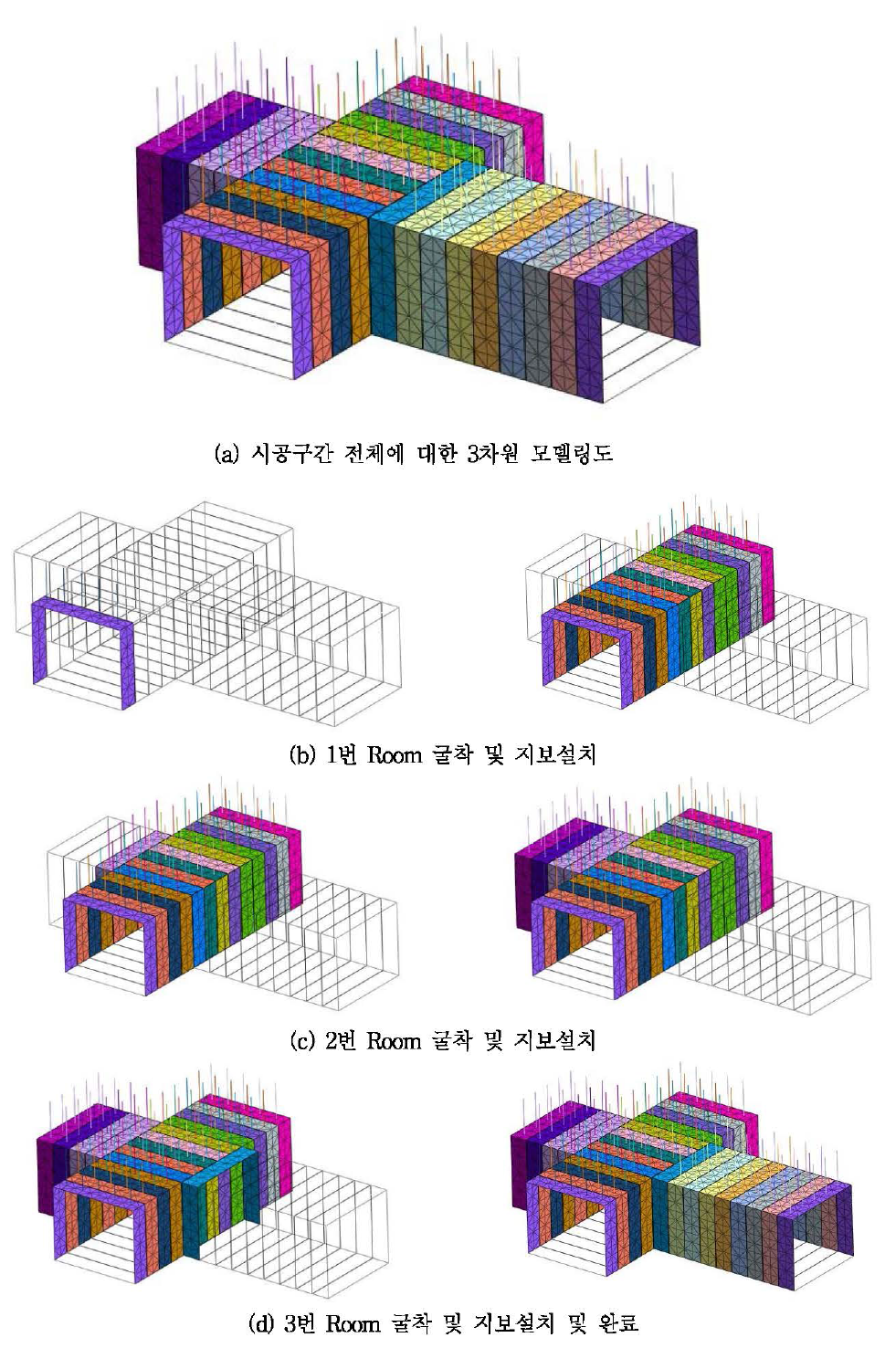 수치해석에 적용된 주방식 지하구조의 3차원 모델링도