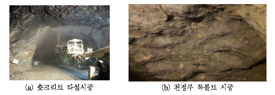 현장시공 구간에 대한 숏크리트와 천정부 록볼트 시공