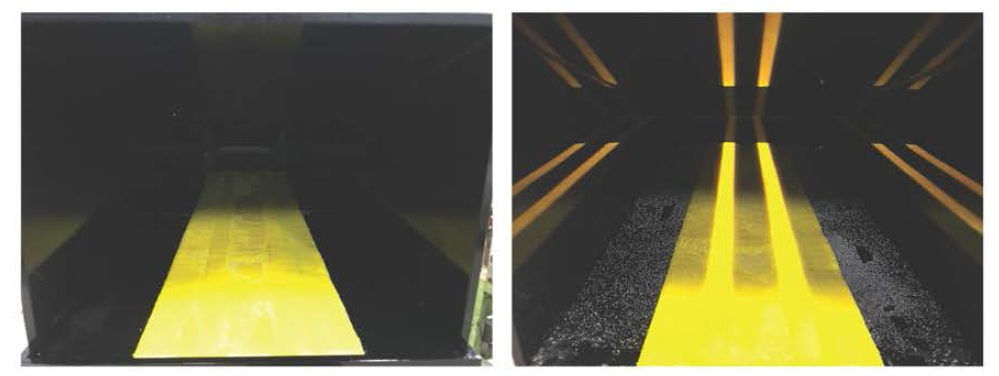 발광형 노면표시 전시용 샘플(좌: 점등 전, 우: 점등 후)
