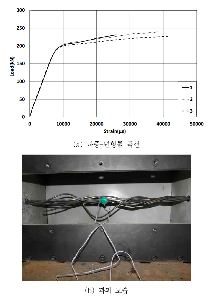 절단 심선 강연선의 하중-변형률 곡선 및 파괴 모습