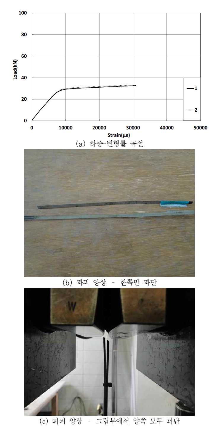 절단 심선의 하중-변형률 곡선 및 파괴양상