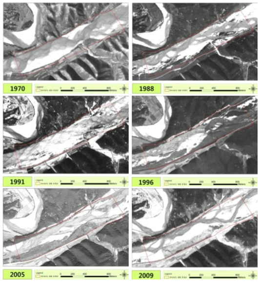내성천의 사주와 식생의 공간변화 모습 (촬영 년월; 1970년 미상, 1988년 8월, 1991년 4월, 1996년 10월, 2005년 10월, 2009년 3월)
