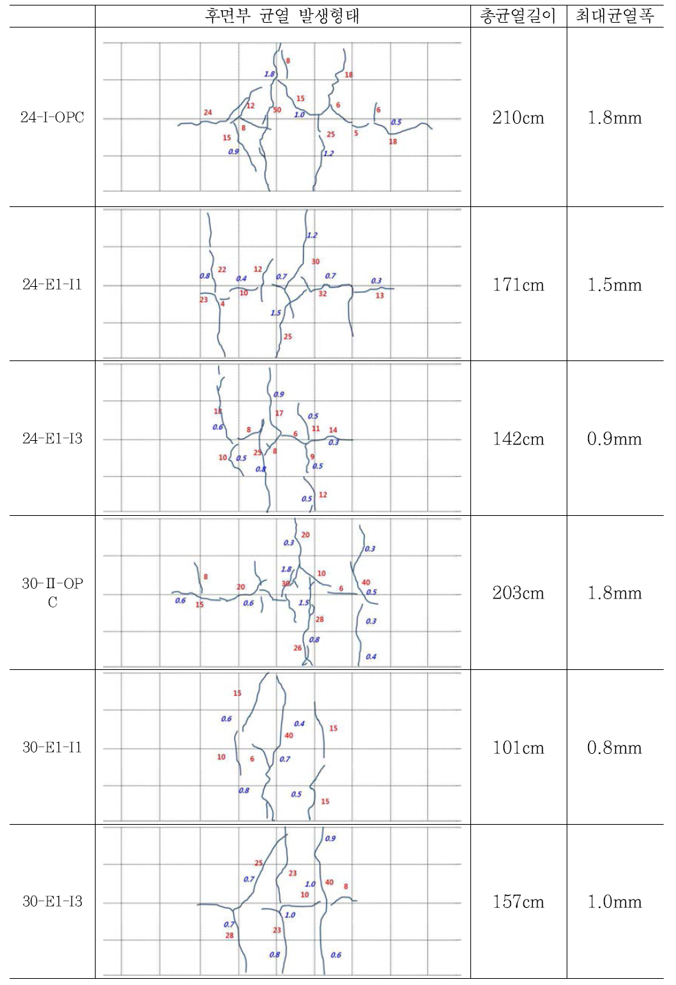 후면부 균열발생형태 및 총 발생 길이