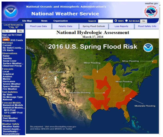 미국 국가수문평가 시스템 봄철 하천 홍수위험 서비스