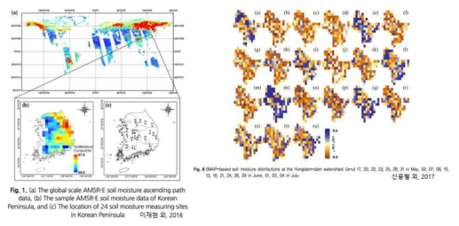 위성영상을 이용한 토양수분 공간예측에 관한 연구 사례 (left: spatial resolution 25km×25km, right: spatial resoultion 3km×3km)