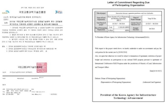 KAIA 국토교통기술촉진연구사업 협약 및 Deltares 기관 분담금 확약서