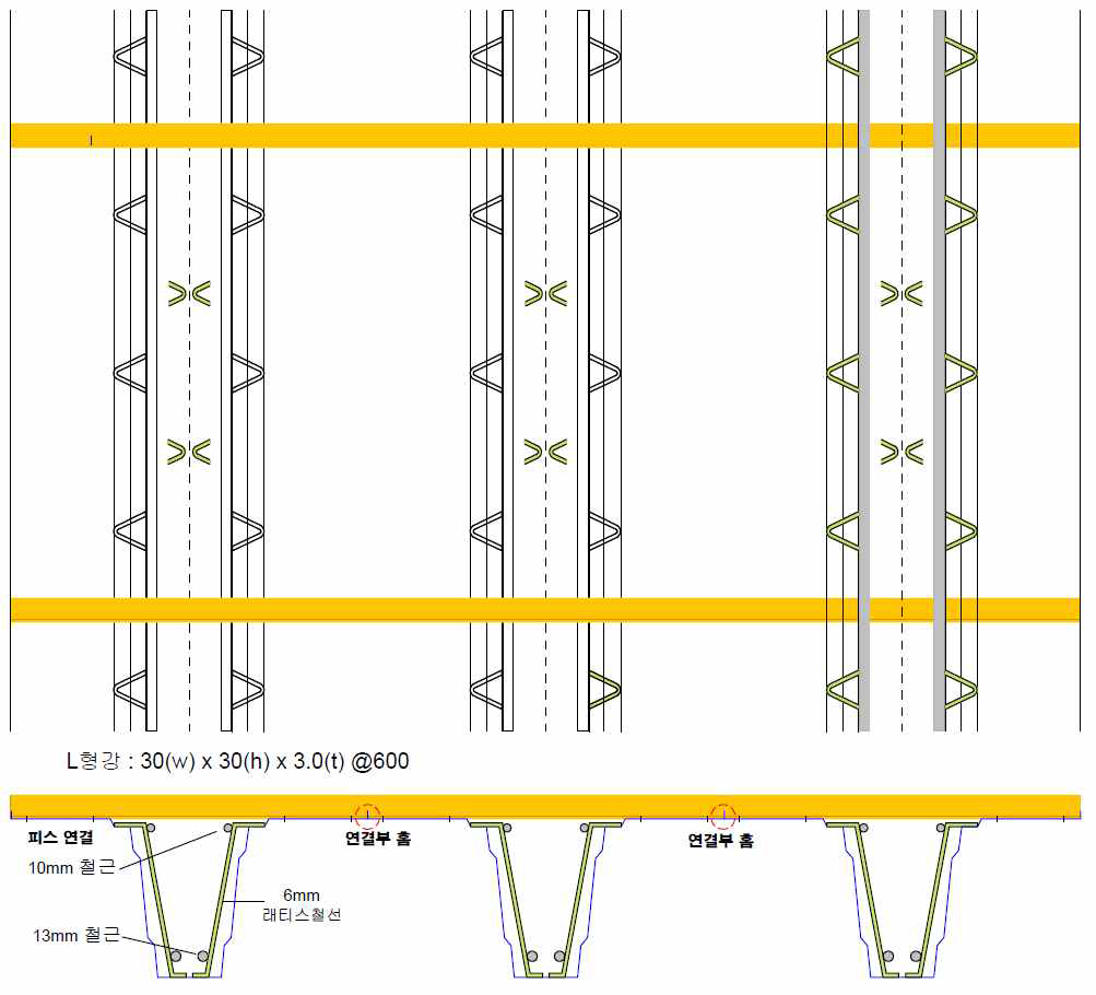 강선트러스 일체형 합성데크 실험체(H200-DT1) 철근 상세