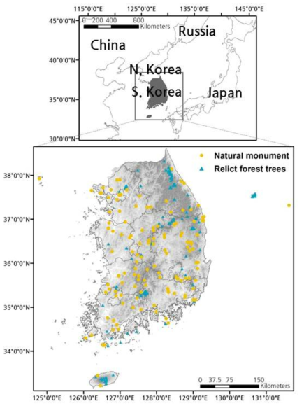 산림유존목과 천연기념물 노거수의 공간분포도