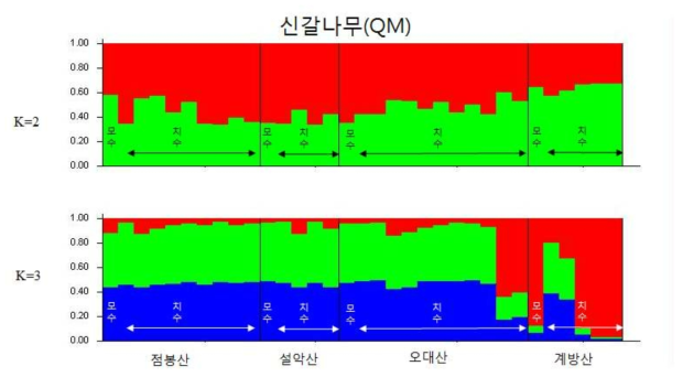 STRUCTURE 방법을 이용한 가상의 군집 수(K=2, 3)의 시뮬레이션