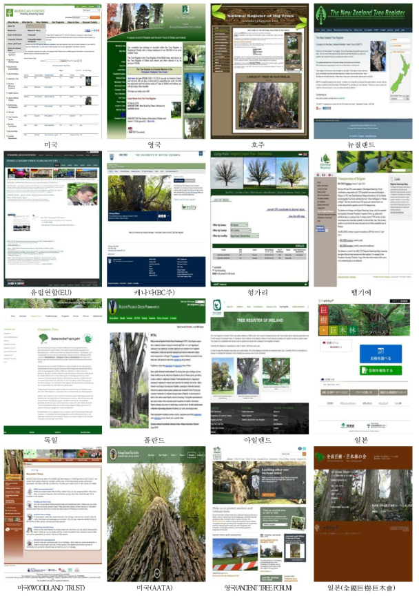 산림유존목 관련 국가별 웹사이트 메인화면 예시