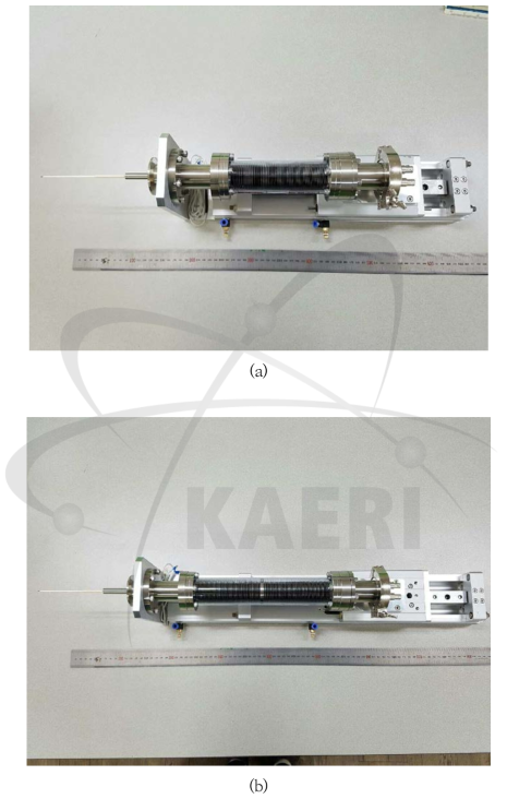 고주파-미보상(RF-uncompensated) 정전탐침(Electrostatic Sing probe)이 조립된 구동장 치: (a) 최대 이송거리: 150 mm, (b) 최대 이송거리: 250 mm