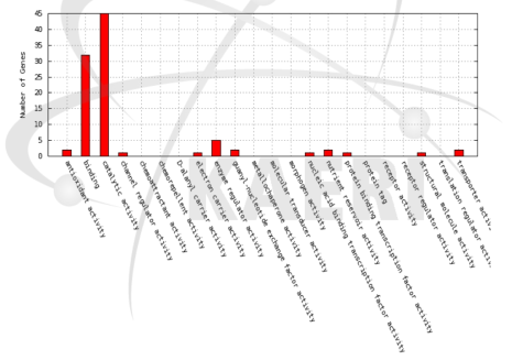 Distribution of GO terms in the molecular function category for differentially expressed genes between Ilpum and proton-100