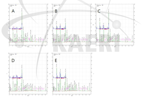 Amino acid chromatogram of ethanol extract of kenaf seed. A: Jangdae, B: Jinju, C: Baekma, D: Jeokbong, E: C14