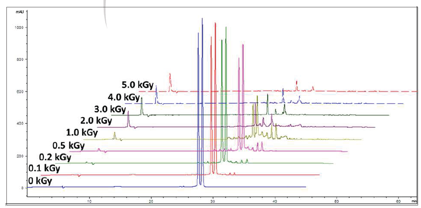 감마선 조사에 따른 대상물질 iopromide의 HPLC 크로마토그램(λ= 254 nm)