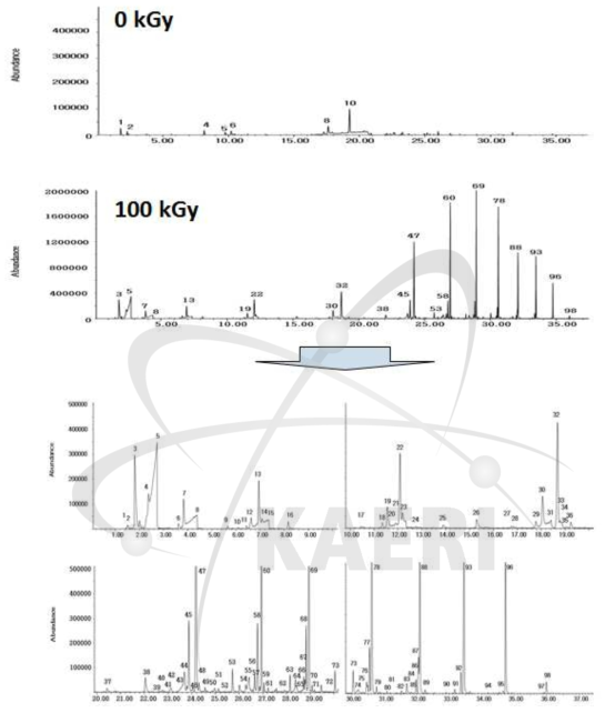 비조사 및 100 kGy 조사된 stearic acid(C18:) 유래 tristearin의 SPME-GC/MS 분석 total ion chromatogram