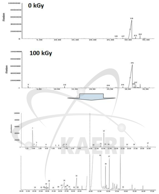 비조사 및 100 kGy 조사된 capric acid(C10:0)의 SPME-GC/MS total ion chromatogram