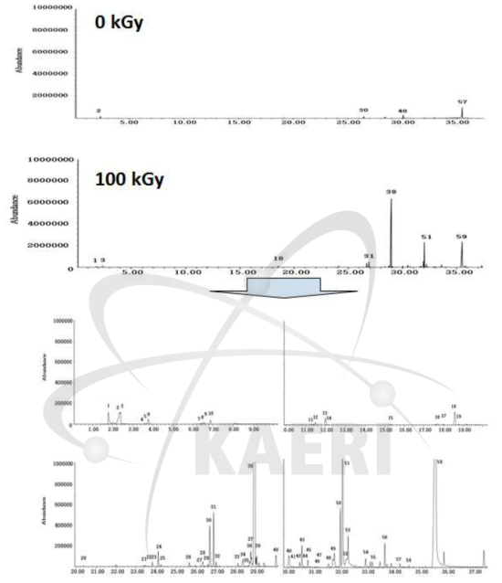 비조사 및 100 kGy 조사된 myristic acid(C14:0)의 SPME-GC/MS 분석 total ion chromatogram