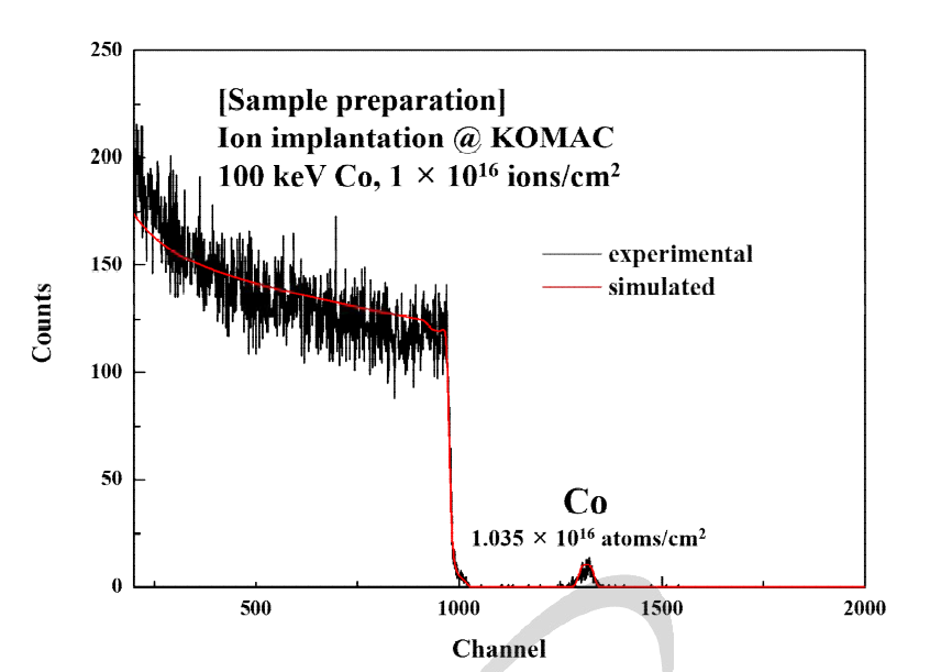 실리콘 기판에 100 keV Co 이온을 주입한 시료에 대한 RBS 측정결과