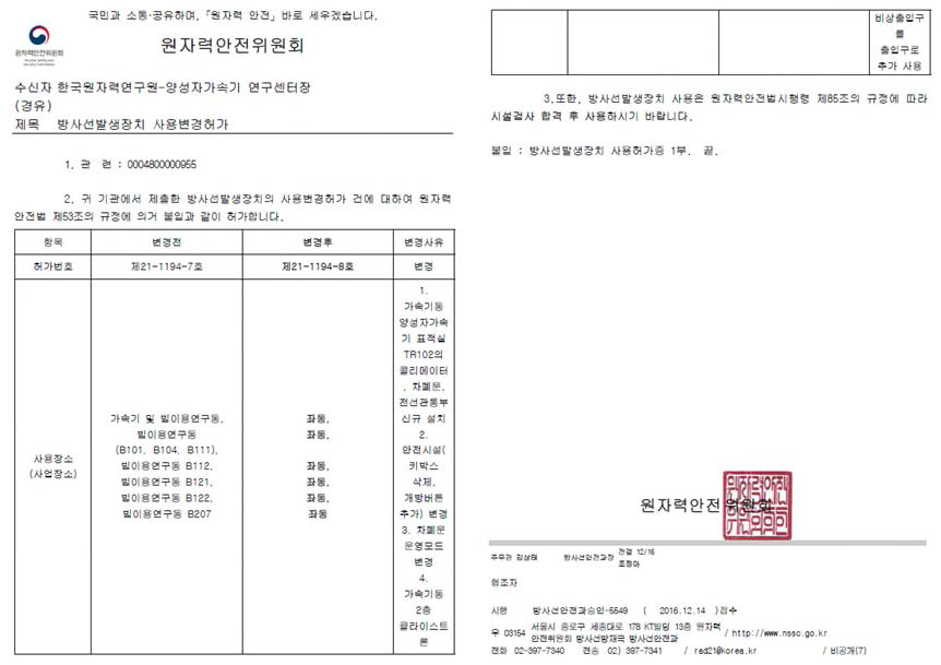 저선량 빔 조사시설(TR102) 사용변경허가 공문