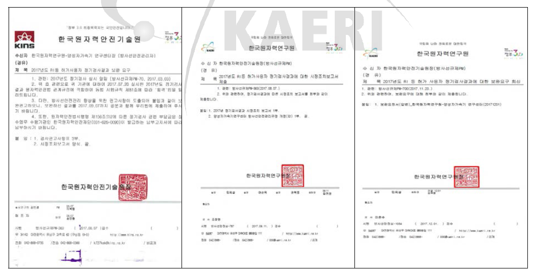 2017년도 사용허가/생산허가 검사결과 통보 및 권고사항 조치보고서 송부