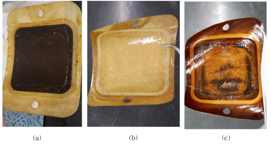 파울링 발생(a), 알칼리 세척 후(b), 알콜 세척 후(c)의 멤브레인