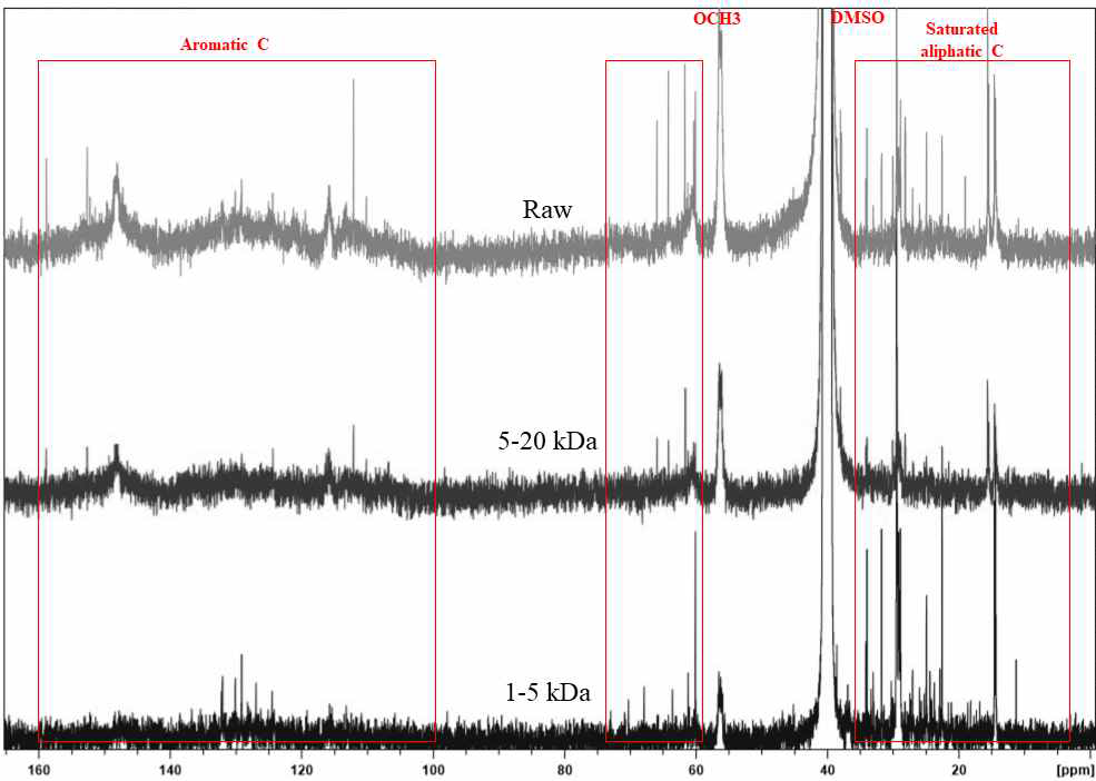 멤브레인 분리된 리그닌의 13C-NMR 분석 스펙트럼