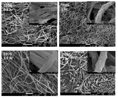 전기 방사 공정에 의해 제조된 다공성 실리카 미세 섬유의 SEM 이미지. 전기 방사 적용 전의 방사 용액의 겔화 시간은 SEM 이미지의 좌측 상단에 기입하였음