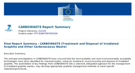 탄소 . 폐기물 처리 방안 연구를 위한 CARBOWASTE 컨소시엄의 보고서(2014년) : 탄소-14 분리기술 개발 필요 (13쪽)