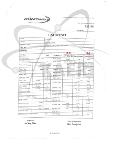 북미산 절연유와 국내산 절연유의 특성 비교표 (ASTM D 3487 만족 조건)
