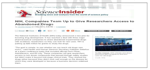 2012년 NIH 신약개발에 실패한 실험약의 재활용 방안 발표