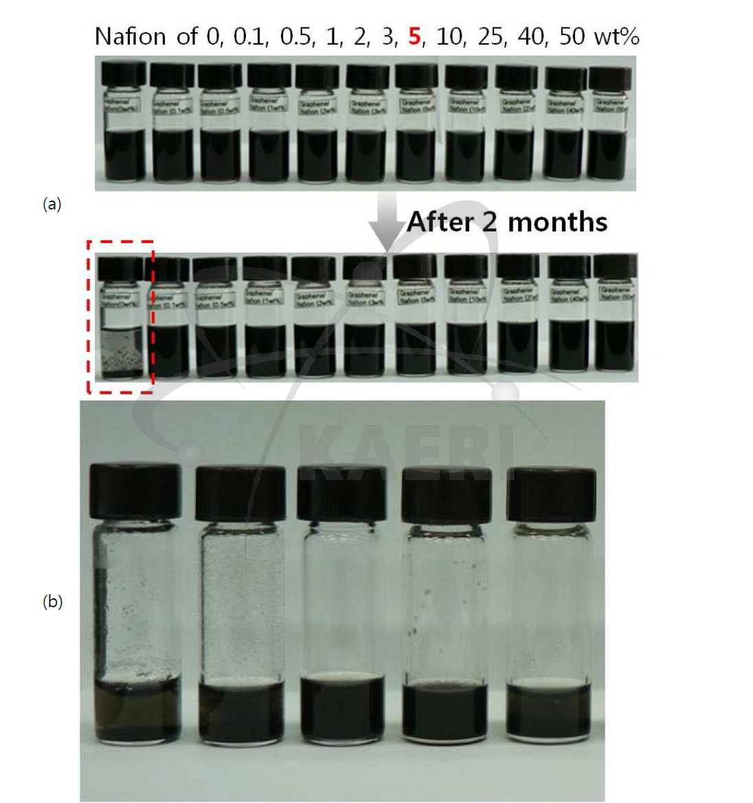 (a) Polyelectrolyte의 조성에 따른 그래펜의 분산 (가장 왼쪽은 그래펜의 침전)과 (b) Polyelectrolyte에 기능화된 그래펜의 여러 용매에서의 분산 (왼쪽에서 부터 물, 메탄올, DMF, DMSO, 아세토니트릴)