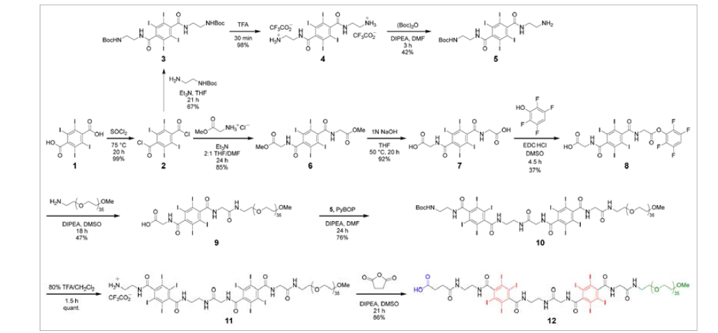 구조 균일성이 증대된 CT 나노조영제를 만들기 위해 단일분자량으로 만든 기능성 단위 조합체 12의 synthetic scheme.
