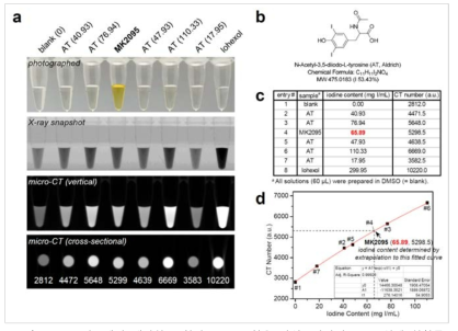본 연구에서 개발한 고함량 요오드 함유 단일분자량의 CT 조영제 화합물 MK2095의 요오드 함량을 micro-CT 분석을 통해 측정한 결과.