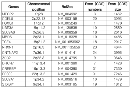 Rett 및 유사증후군의 원인유전자의 염색체상 위치, exon 크기