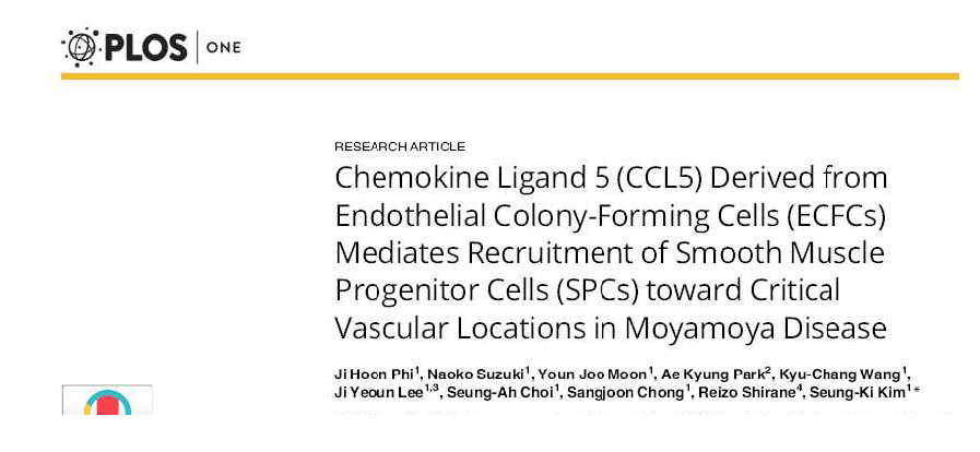 PLOS ONE에 게재한 모야모야병 혈관내피전구 세포와 평활근전구세포의 상호 작용에 관여하는 cytokine에 대한 논문