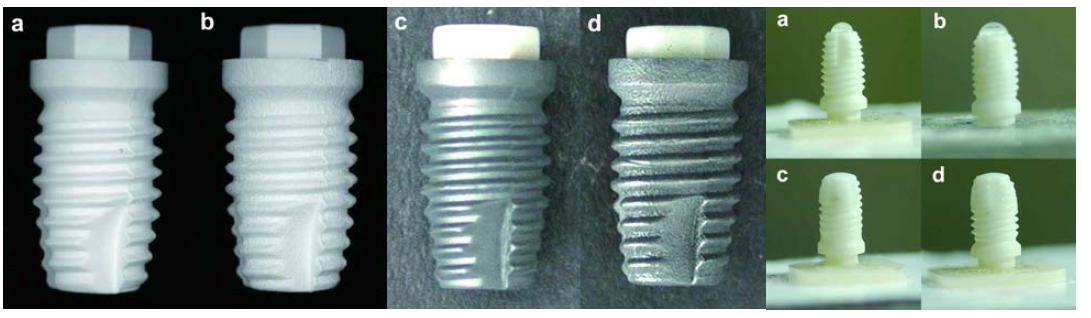 주요연구내용 그림 (3) PIM공법으로 만든 지르코니아 임플란트와 그 표면의 코팅, 플라즈마 처리후 발생하는 Superhydrophilicity (왼쪽부터)