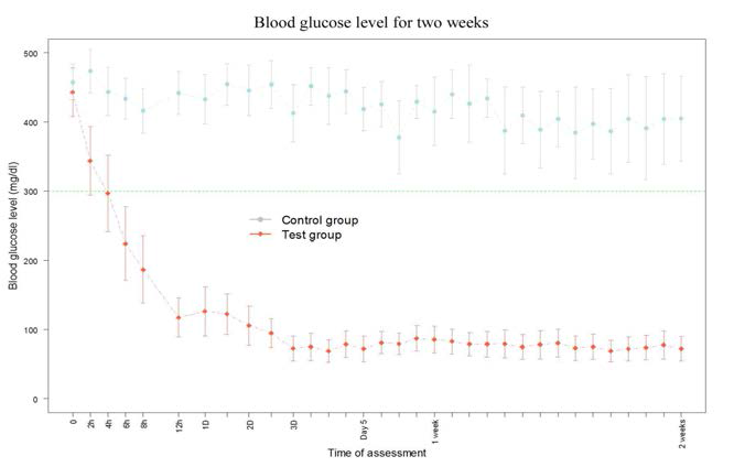 Insulin 투여 후 대조군과 실험군에서의 혈당 변화 – 2주째까지 정상 혈당이 유지됨을 보여 줌