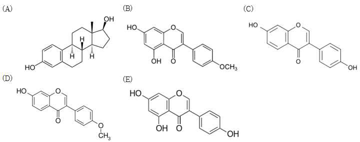 에스트로겐 및 에스트로겐 유사 phytoestrogen의 구조식. (A) estrogen (B) biochanin A (C) daidzein (D) formononetin (E) genistein