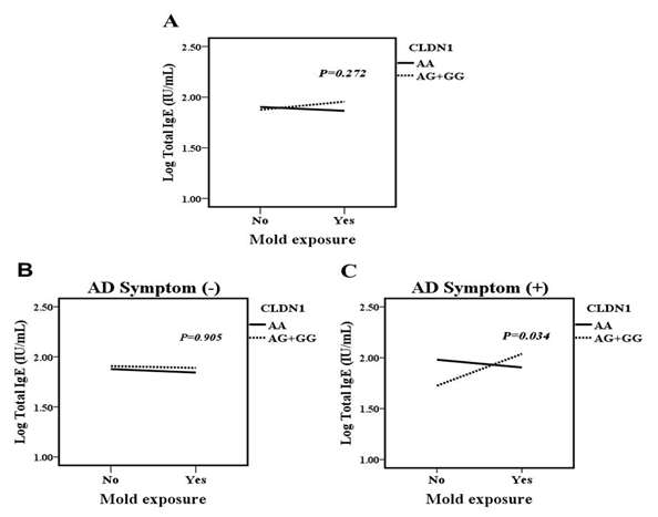 CLDN1과 곰팡이 노출의 상호작용에 의한 IgE 수치 A. 총 대상군, B. 증상 없는군, C. 증상 있는 군
