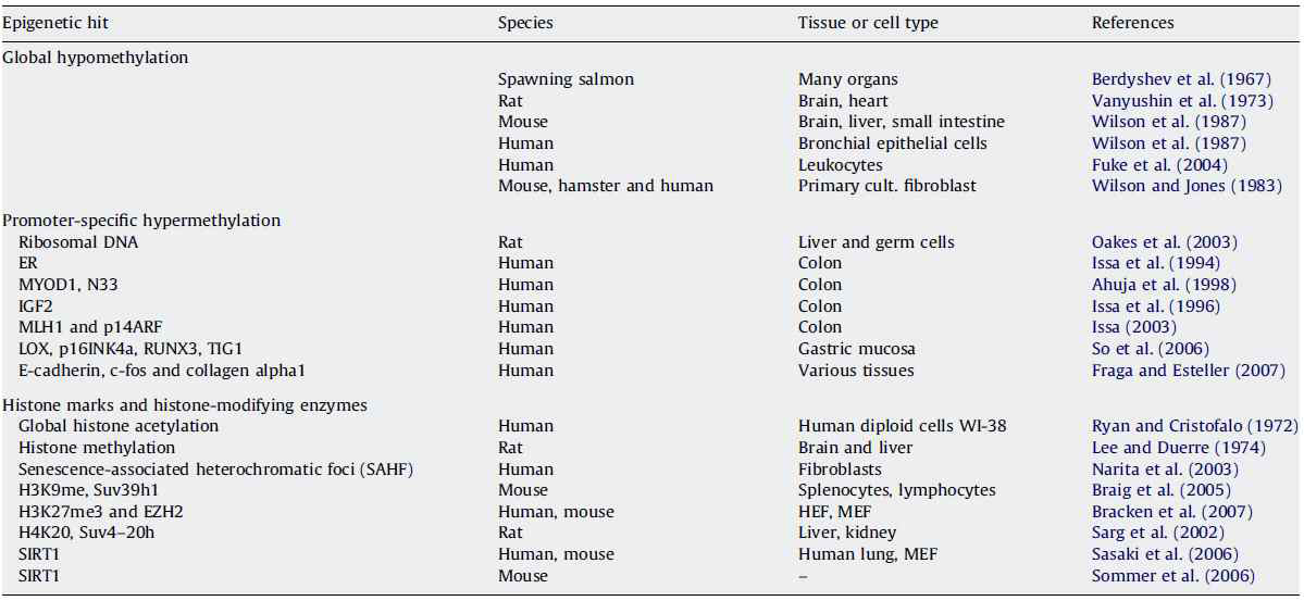 노화와 관련된 epigenetic change (Calvanese et al., 2009)