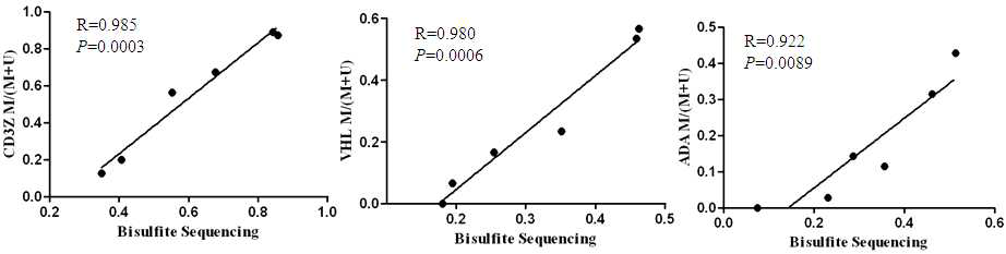 MSBE와 bisulfite sequencing의 상관관계. CD3Z는 R=0.985, p=0.0003이고, VHL은 R=0.980 and p=0.0006이었으며, ADA는 R=0.992, p=0.00089 으로 상관관계가 아주 높다는 것을 알 수 있다