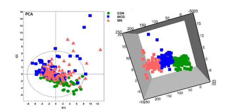 3D PCA scores plot. 3군간의 요대사체가 clear separation을 보임을 확인함